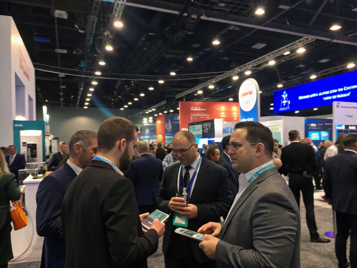 A vibrant networking event with business professionals exchanging business cards and engaging in conversation, set in a conference hall with banners and company booths. This image will be used to represent business networking services.