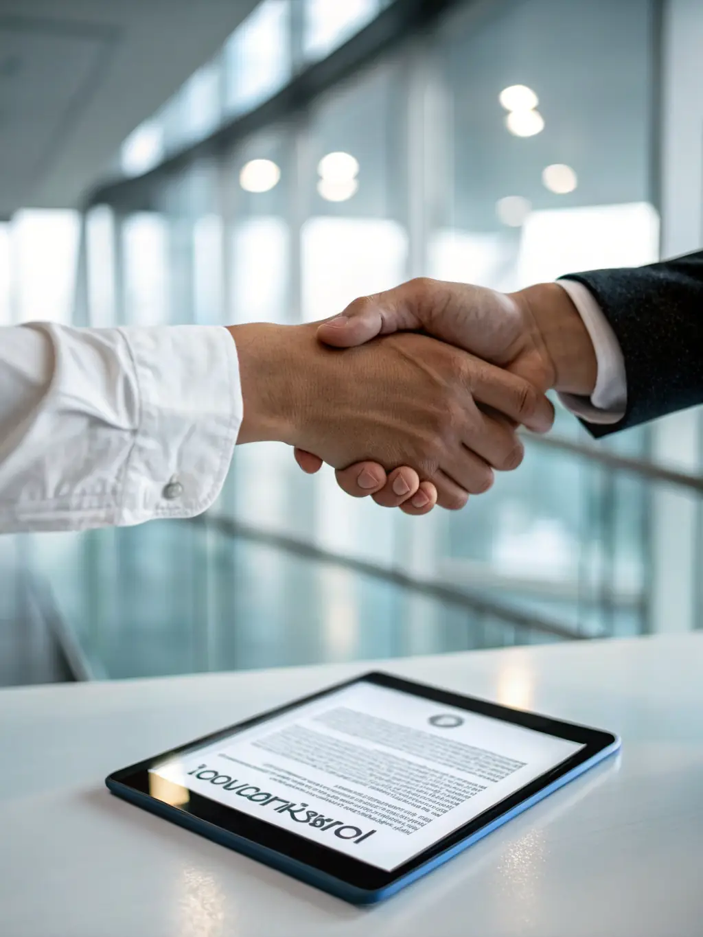 A close-up of hands exchanging signed documents, with a digital tablet displaying analytics, illustrating support in contract preparation and compliance.