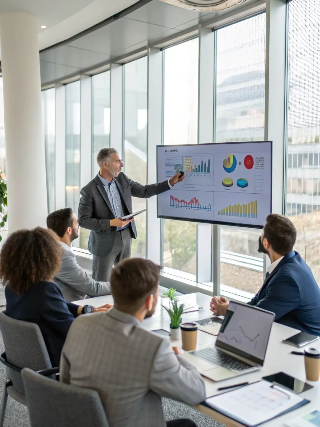 A business advisor presenting a market analysis report to a group of entrepreneurs, highlighting strategic consulting and market insights.