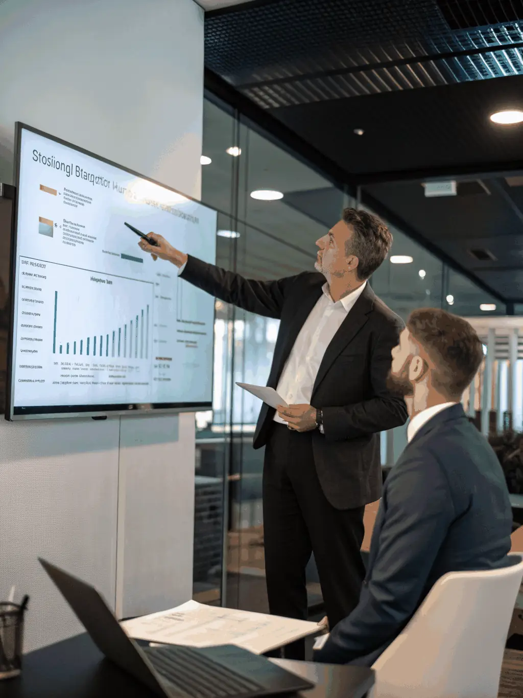 A modern office scene with a consultant introducing two business teams, symbolizing the creation of valuable business connections and partnerships.