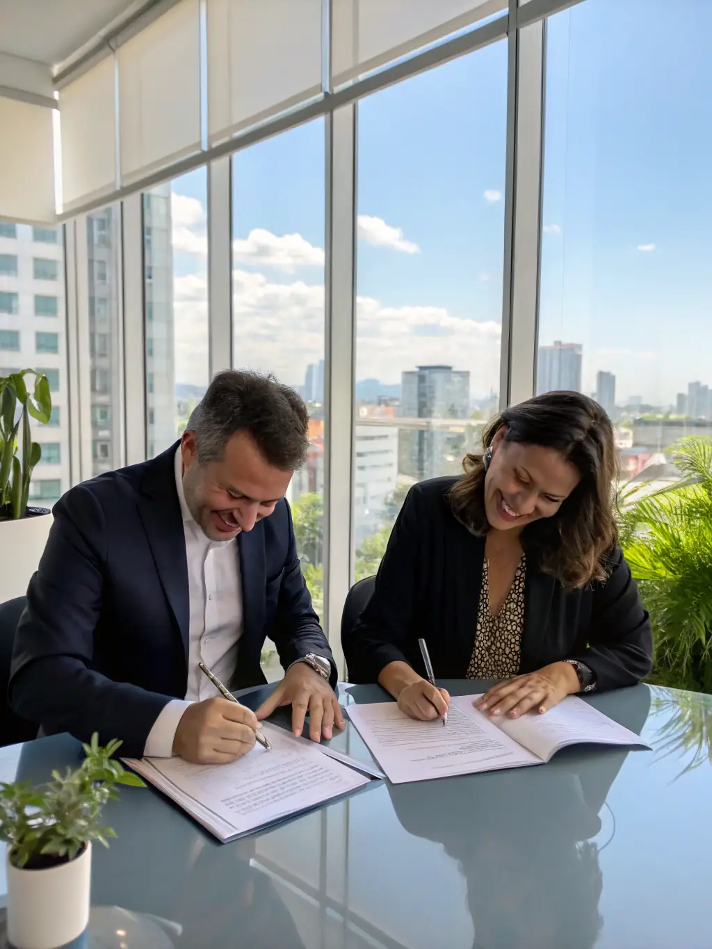A professional business setting with two executives shaking hands over a signed contract, documents and laptops on the table, representing successful transaction management for B2B clients.