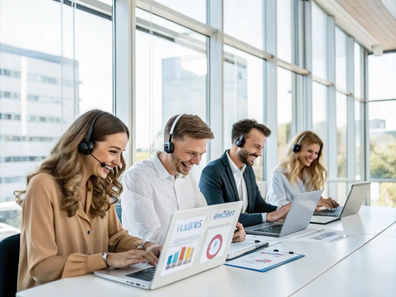 A support team assisting a client with documents and digital devices, showing a collaborative environment with charts and checklists on the wall. This image will be used to highlight support for buying and selling operations.