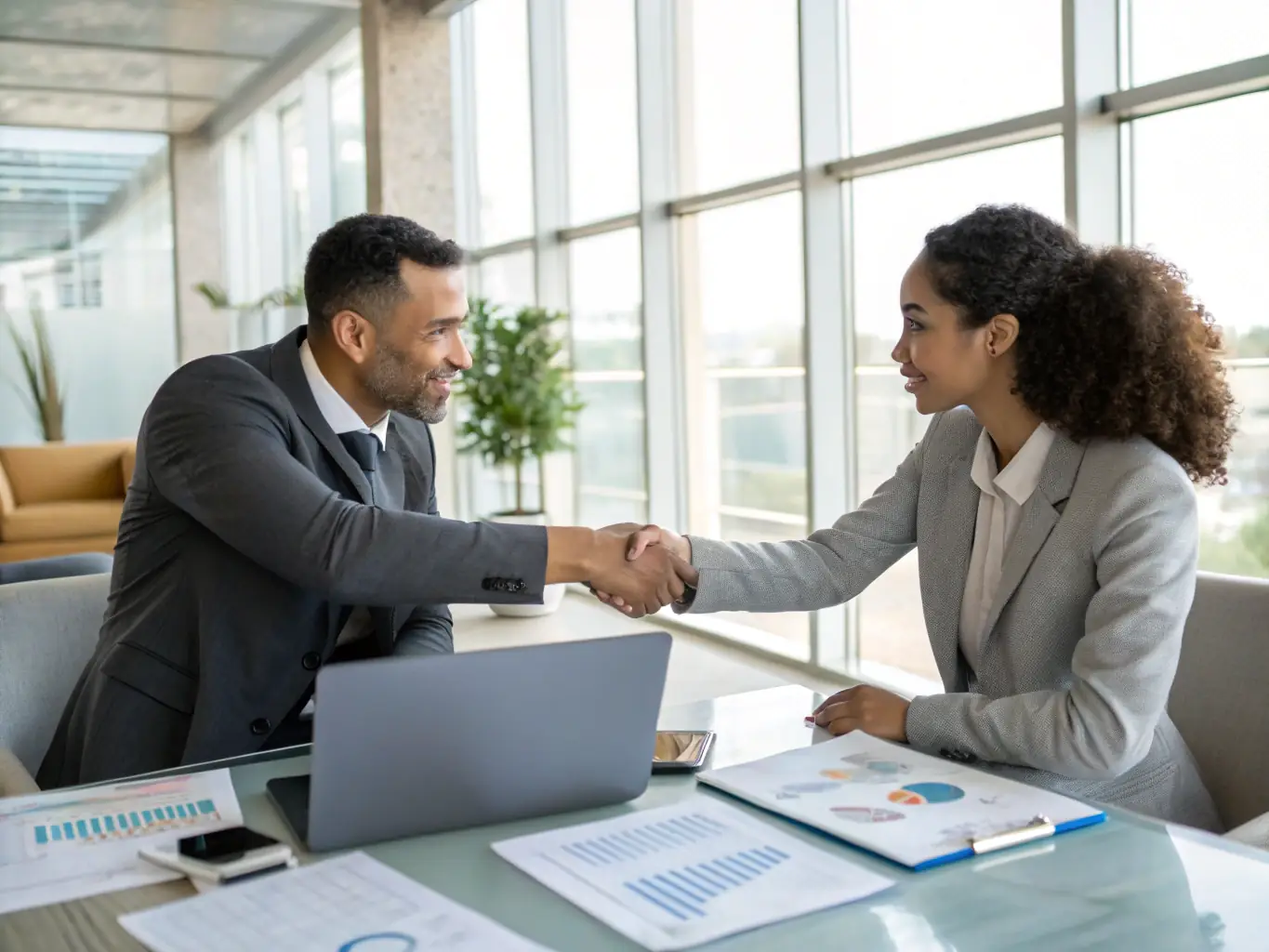 A professional business meeting with two company representatives shaking hands over a signed contract, with documents and laptops on the table, in a modern office setting. This image will be used to illustrate transaction facilitation services.